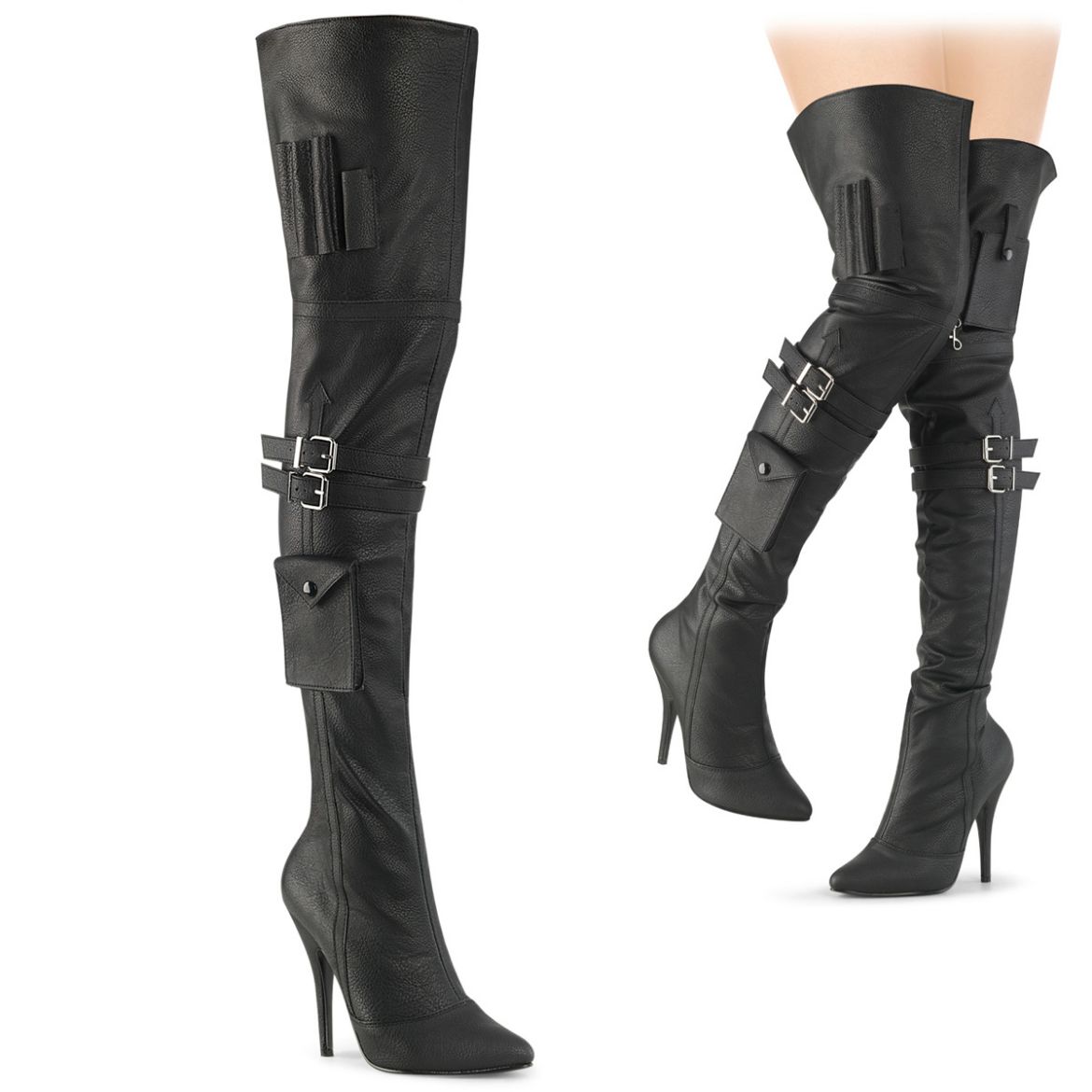 Product image of Pleaser SEDUCE-3019 Blk Faux Leather 5� Heel Thigh High Boot w/ Buckle Strap