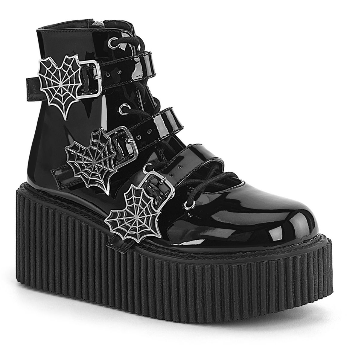 Product image of Demonia CREEPER-260 Blk Pat 3 Inch PF Lace-Up Ankle High Creeper w/ Buckle straps