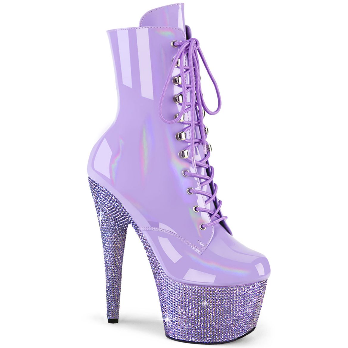 Product image of Pleaser BEJEWELED-1020-7 Lavender Holo Pat/Lavender RS 7 Inch Heel 2 3/4 Inch PF Front Lace-Up Ankle Boot w/RS Side Zip