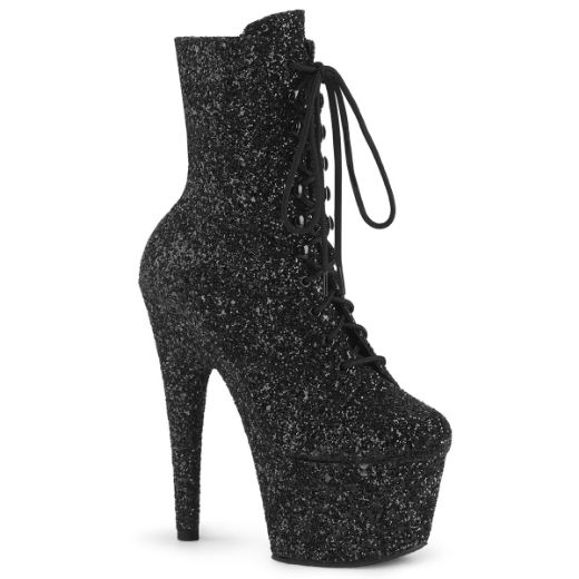 Product image of Pleaser ADORE-1020GWR Blk Glitter/Blk Glitter 7 Inch Heel 2 3/4 Inch PF Lace-Up Glitter Ankle Boot Side Zip