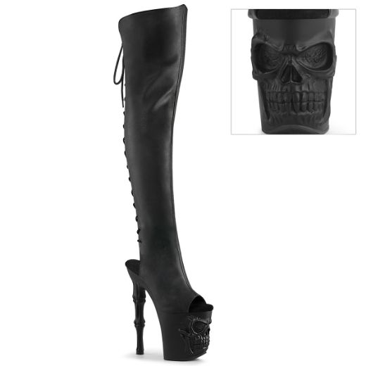 Product image of Pleaser RAPTURE-3019 Blk Faux Leather/Blk Matte 8 Inch Finger Bone Heel 4 Inch Skull PF Over-the-Knee Boot