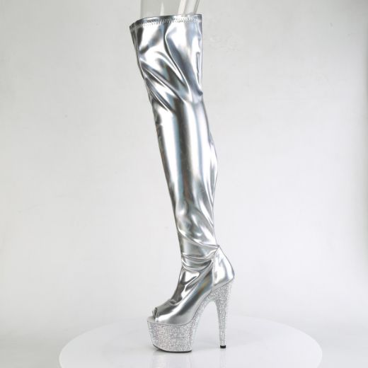 Product image of Pleaser BEJEWELED-3011-7 Slv Str Holo Pat/Slv AB RS 7 Inch Heel 2 3/4 Inch PF Peep Toe Thigh Boot w/RS Side Zip