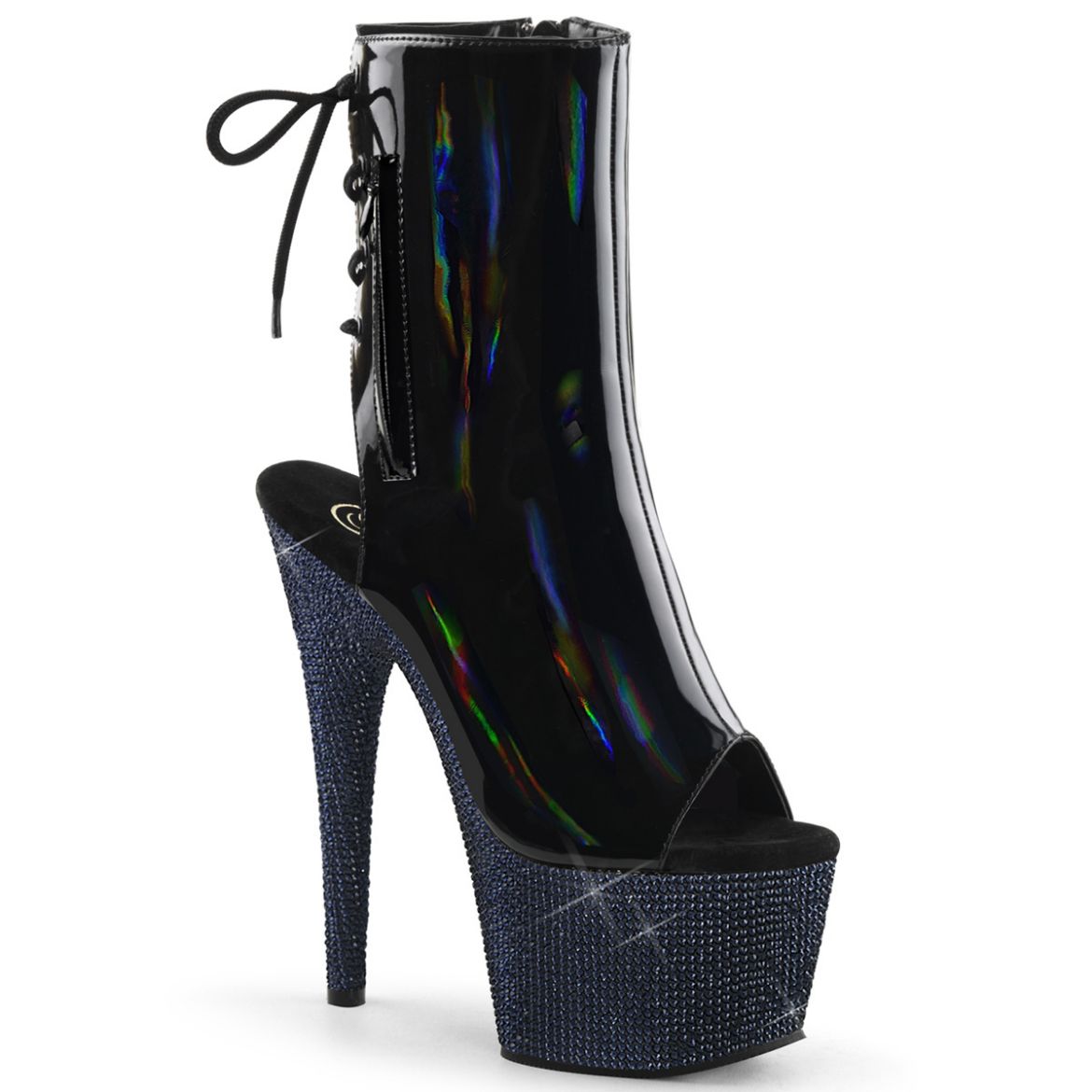 Product image of Pleaser BEJEWELED-1018DM-7 Blk Holo Pat/Midnight Blk RS 7 Inch Heel 2 3/4 Inch PF Open Toe/Heel Ankle Boot w/RS Side Zip