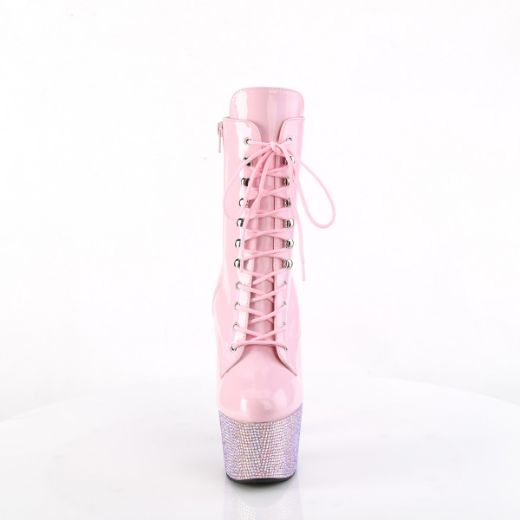 Product image of Pleaser BEJEWELED-1020-7 B. Pink Holo Pat/B. Pink AB RS 7 Inch Heel 2 3/4 Inch PF Front Lace-Up Ankle Boot w/RS Side Zip
