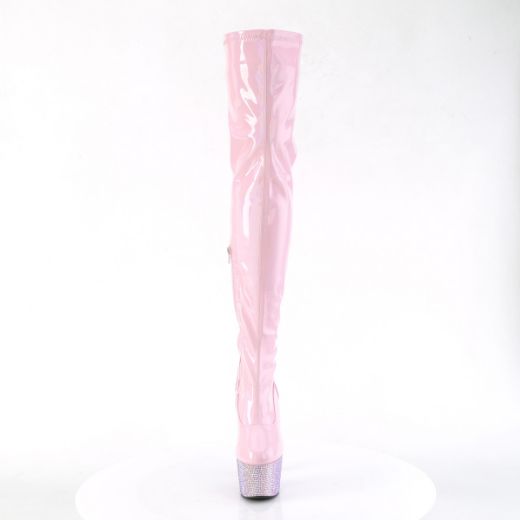 Product image of Pleaser BEJEWELED-3000-7 B. Pink Str Holo Pat/B. Pink AB RS 7 Inch Heel 2 3/4 Inch PF Stretch Thigh Boot w/RS Side Zip