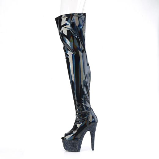 Product image of Pleaser BEJEWELED-3011-7 Blk Str Holo Pat/Midnight Blk RS 7 Inch Heel 2 3/4 Inch PF Peep Toe Thigh Boot w/RS Side Zip