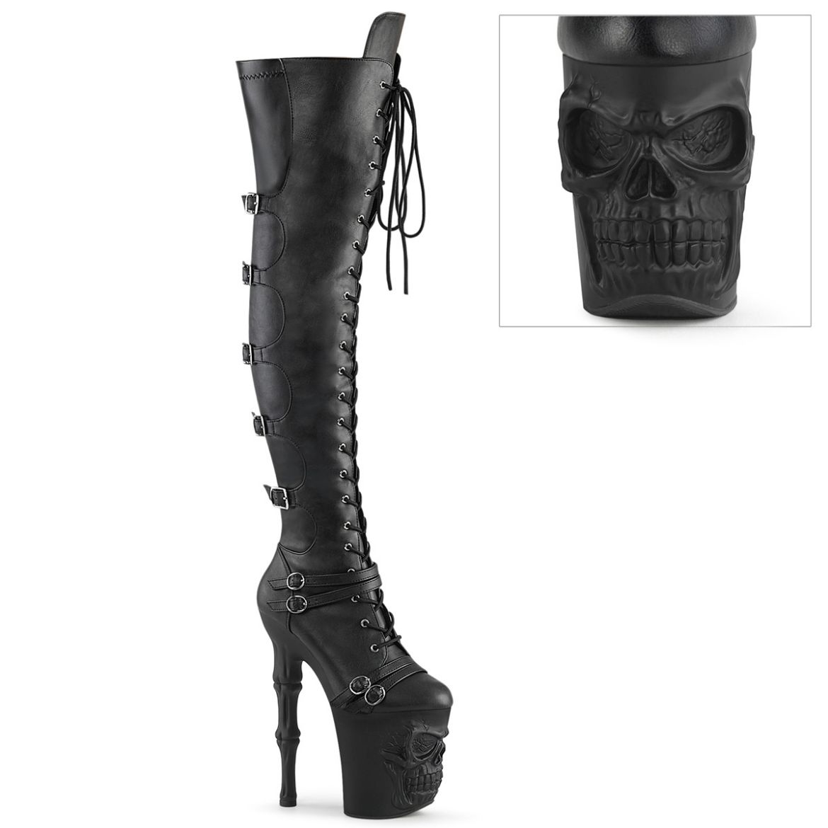 Product image of Pleaser RAPTURE-3045 Blk Faux Leather-Str.Faux Leather/Blk Matte 8 Inch Finger Bone Heel 4 Inch Skull PF Over-the-Knee Boot