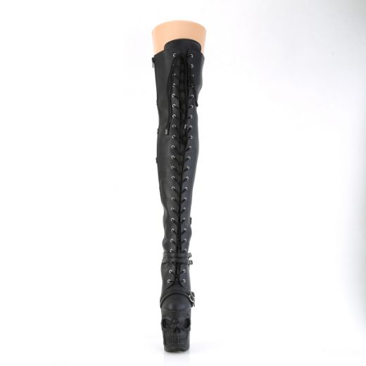 Product image of Pleaser RAPTURE-3045 Blk Faux Leather-Str.Faux Leather/Blk Matte 8 Inch Finger Bone Heel 4 Inch Skull PF Over-the-Knee Boot
