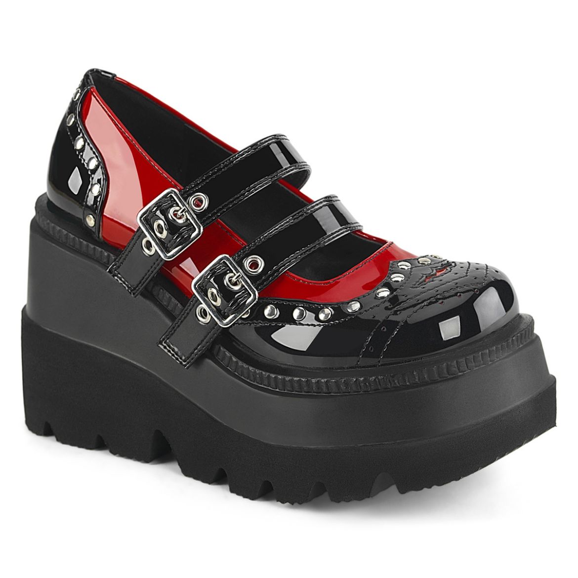 Product image of Demonia SHAKER-27 Blk-Red Pat 4 1/2 Inch Wedge PF Double Strap Maryjane