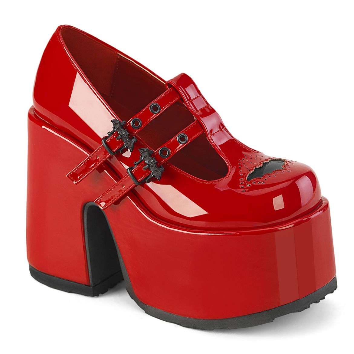 Product image of Demonia CAMEL-55 Red Pat 5 Inch Chunky Heel 3 Inch Platform Eyelet Double T-Strap Maryjane