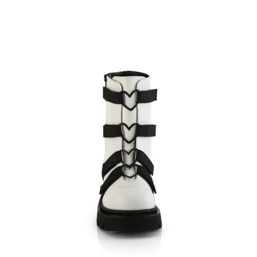 Product image of Demonia RENEGADE-50 Wht Vegan Leather-Nylon 2 1/2 Inch Tiered PF Strappy Ankle Boot Outer Side Zip