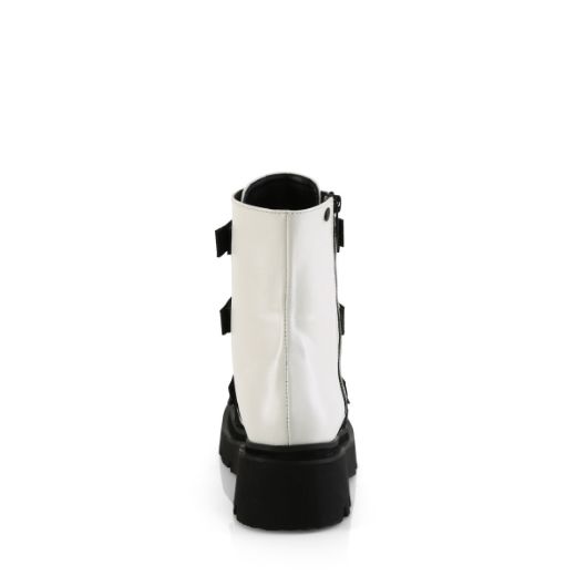 Product image of Demonia RENEGADE-50 Wht Vegan Leather-Nylon 2 1/2 Inch Tiered PF Strappy Ankle Boot Outer Side Zip
