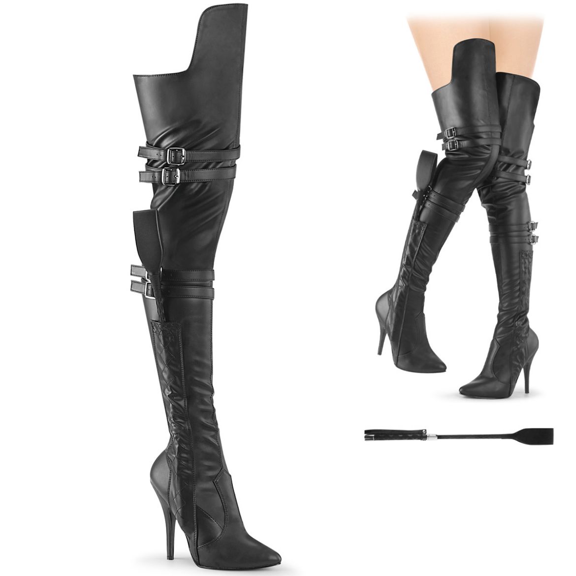 Product image of Pleaser SEDUCE-3080 Blk Str. Faux Leather 5 Inch Heel Thigh High Boot w/ Buckle Strap