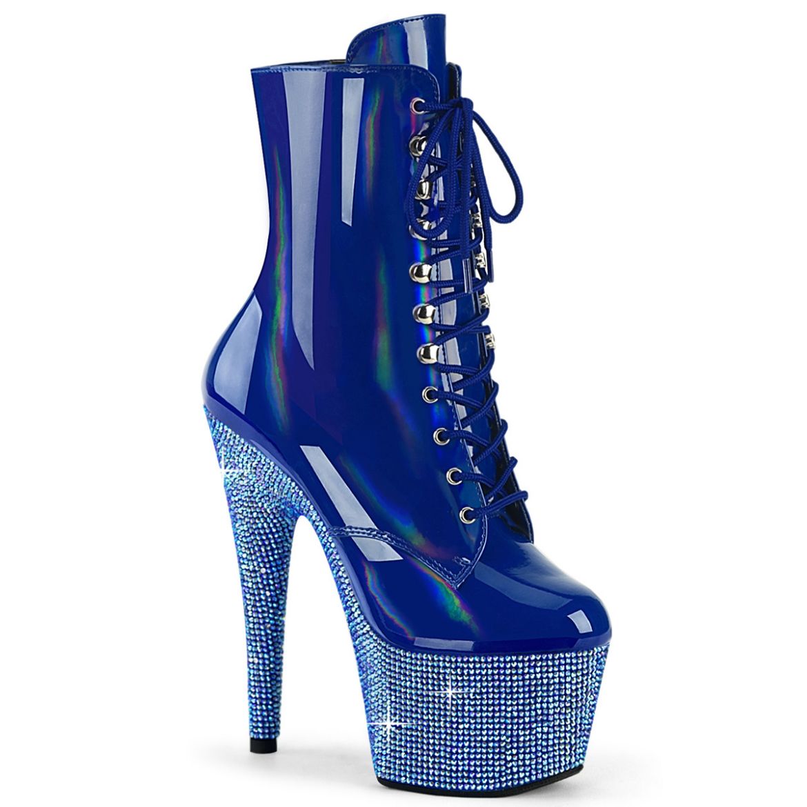 Product image of Pleaser BEJEWELED-1020-7 Blue Holo Pat/Blue AB RS 7 Inch Heel 2 3/4 Inch PF Lace-Up Front Ankle Boot w/RS Side Zip