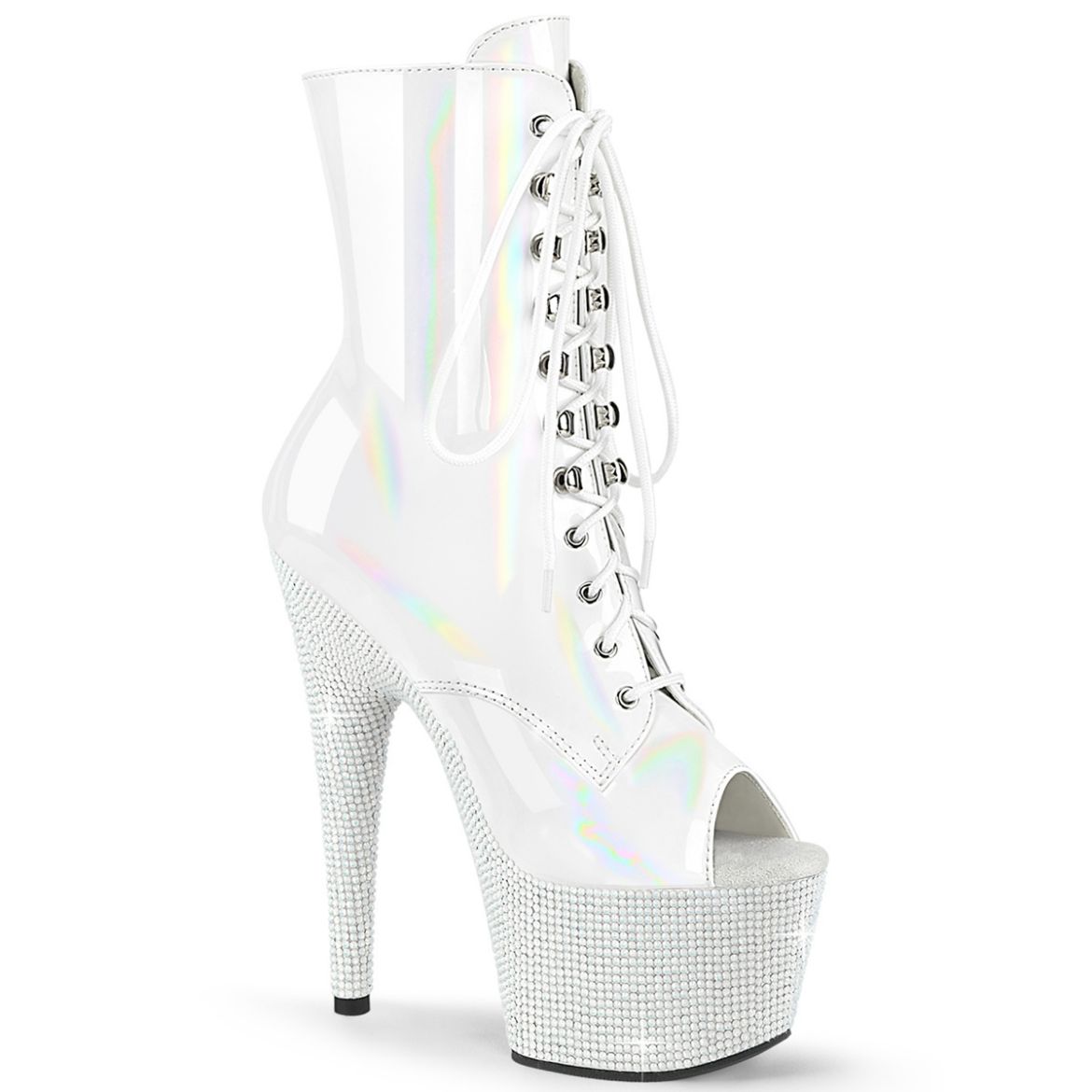 Product image of Pleaser BEJEWELED-1021-7 Wht Holo Pat/Wht RS 7 Inch Heel 2 3/4 Inch PF Peep Toe Ankle Boot w/RS Side Zip