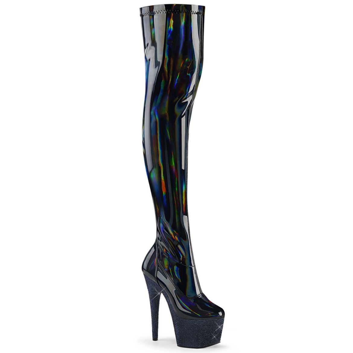 Product image of Pleaser BEJEWELED-3000-7 Blk Str Holo Pat/Midnight Blk RS 7 Inch Heel 2 3/4 Inch PF Stretch Thigh Boot w/RS Side Zip