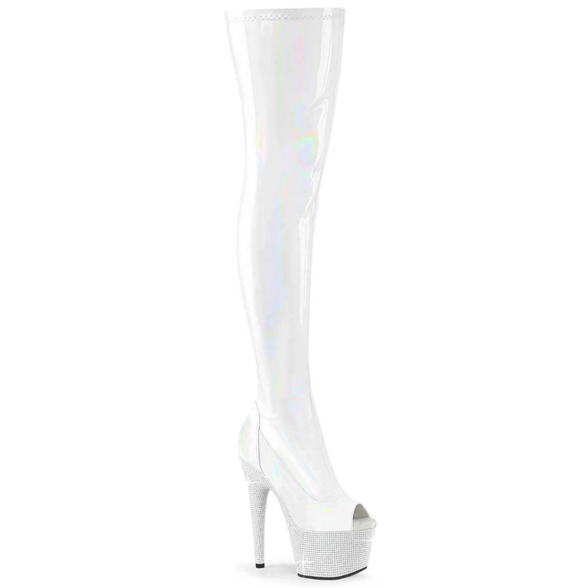 Product image of Pleaser BEJEWELED-3011-7 Wht Str Holo Pat/Wht RS 7 Inch Heel 2 3/4 Inch PF Peep Toe Thigh Boot w/RS Side Zip