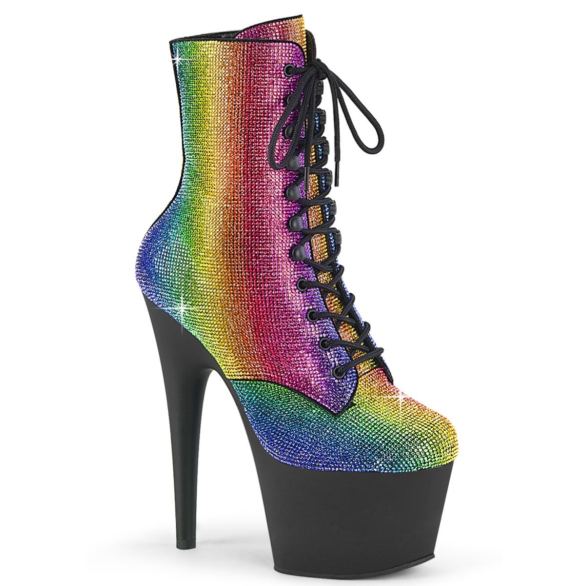 Product image of Pleaser ADORE-1020RS Rainbow RS/Blk Matte 7 Inch Heel  2 3/4 Inch PF RS Embellished Ankle Boot Side Zip