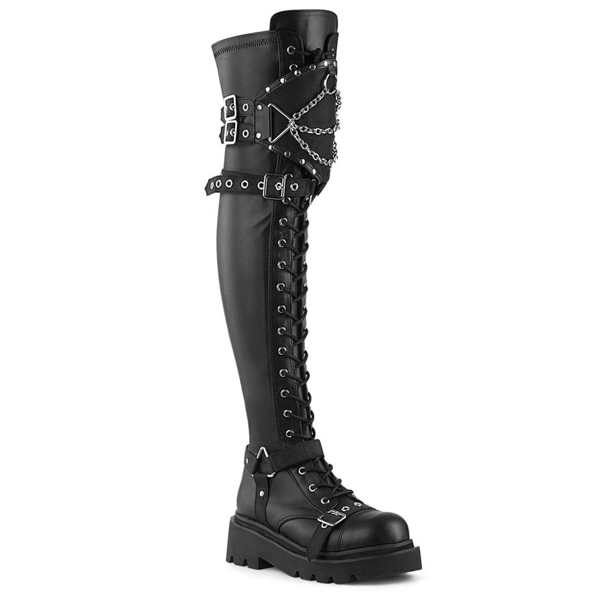 Product image of Demonia RENEGADE-320 Blk Stretch Vegan Leather 2 1/2 Inch Tiered PF Lace-Up Over-The-Knee Boots Inside Zip
