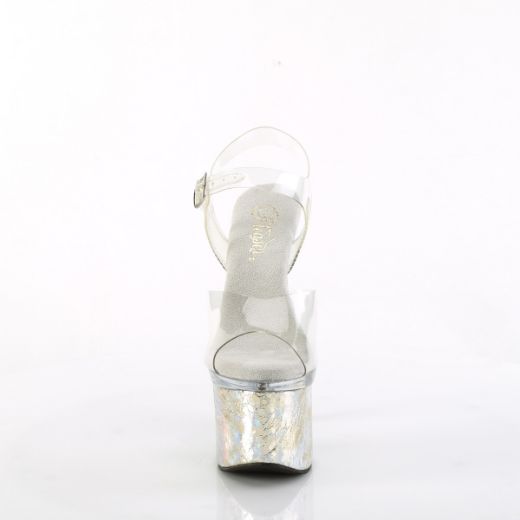 Product image of Pleaser ESTEEM-708CK Clr/Clr-Slv Holo Crackle 7 Inch Heel 3 Inch PF Ankle Strap Sandal