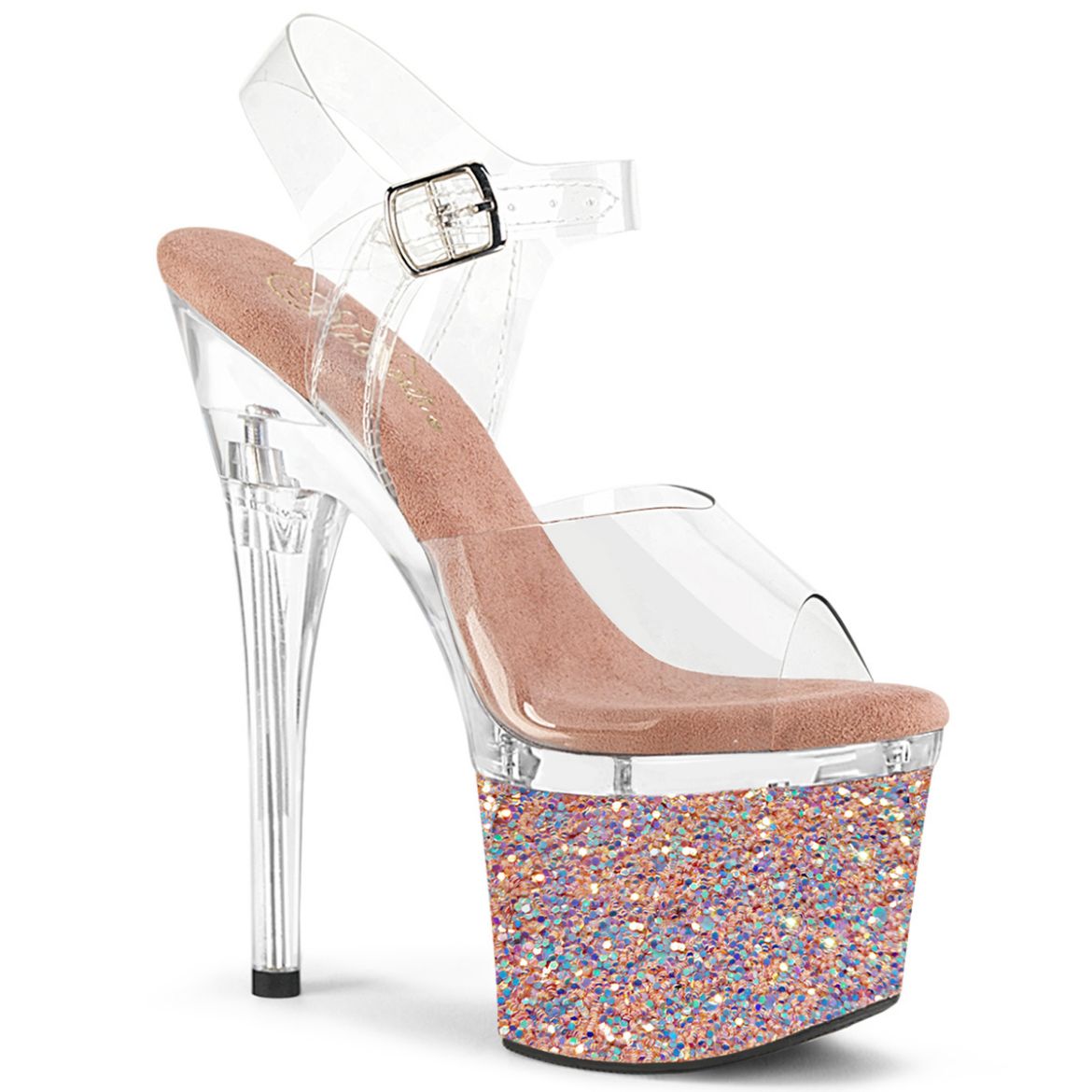 Product image of Pleaser ESTEEM-708LG Clr/Clr-Rose Gold Glitter 7 Inch Heel 3 Inch PF Ankle Strap Sandal