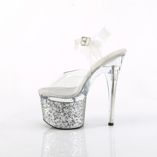 Product image of Pleaser ESTEEM-708LG Clr/Clr-Slv Glitter 7 Inch Heel 3 Inch PF Ankle Strap Sandal