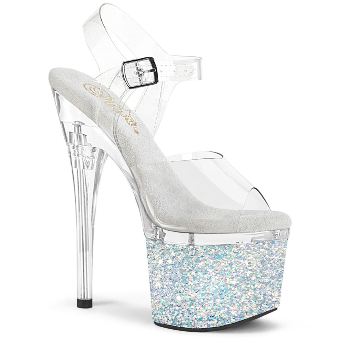 Product image of Pleaser ESTEEM-708LG Clr/Clr-Wht Multi Glitter 7 Inch Heel 3 Inch PF Ankle Strap Sandal