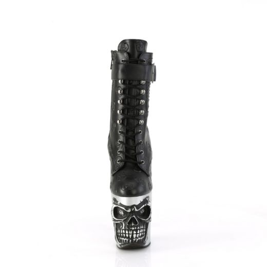 Product image of Pleaser RAPTURE-1020STR-02 Blk Faux Leather/Slv Matte-Rubbed Blk 8 Inch Finger Bone Heel 4 Inch Skull PF Ankle Boot Inside Zip