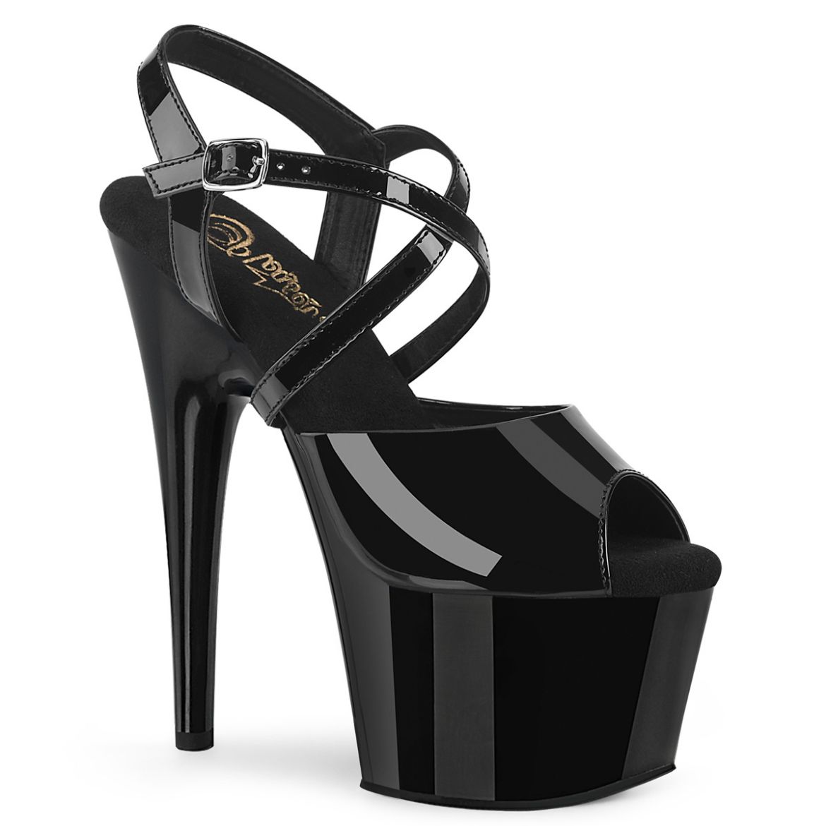 Product image of Pleaser ADORE-724 Blk Pat/Blk 7 Inch Heel 2 3/4 Inch PF Peep Toe Criss Cross Strap Sandal