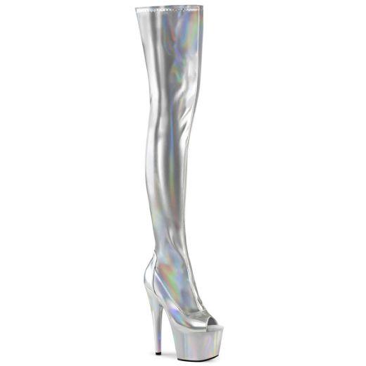 Product image of Pleaser ADORE-3011HWR Slv Str. Holo/Slv Holo 7 Inch Heel 2 3/4 Inch PF Peep Toe Thigh High Boot Side Zip