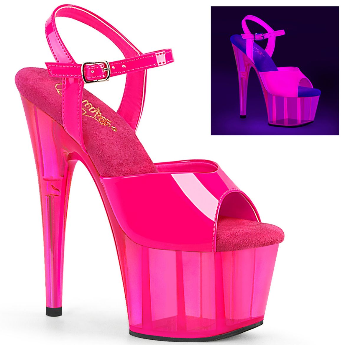 Product image of Pleaser ADORE-709UVT Neon H. Pink Pat/H. Pink Tinted 7 Inch Heel 2 3/4 Inch UV Reactive Tinted PF Ankle Strap Sandal