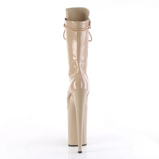Product image of Pleaser INFINITY-1050 Nude Pat/Nude 9 Inch Heel 5 1/4 Inch PF Lace-Up Front Mid Calf Boot Side Zip
