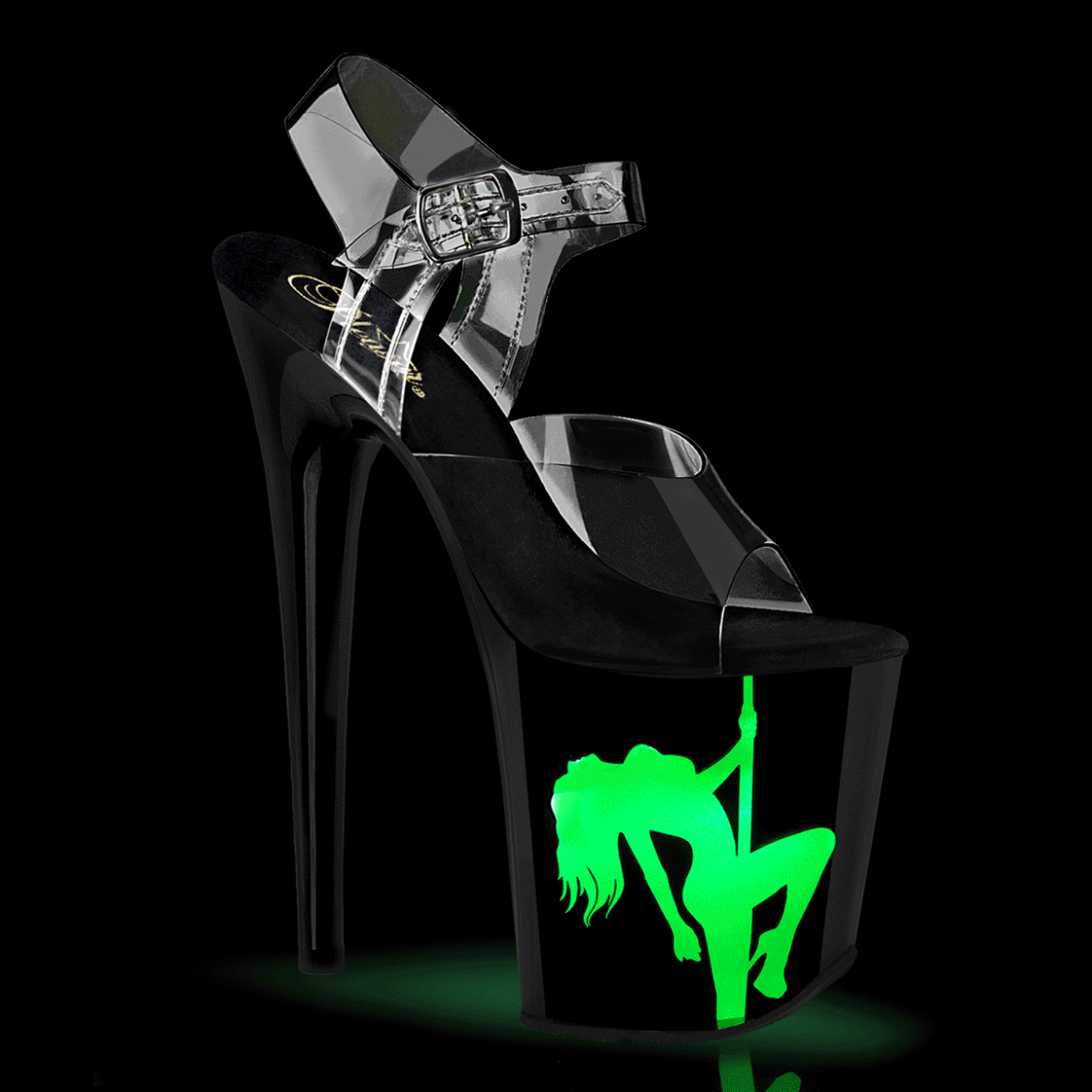 Product image of Pleaser FLAMINGO-808NLSG Clr/Blk-Multi 8 Inch Heel 4 Inch PF LED Illuminated Ankle Strap Sandal