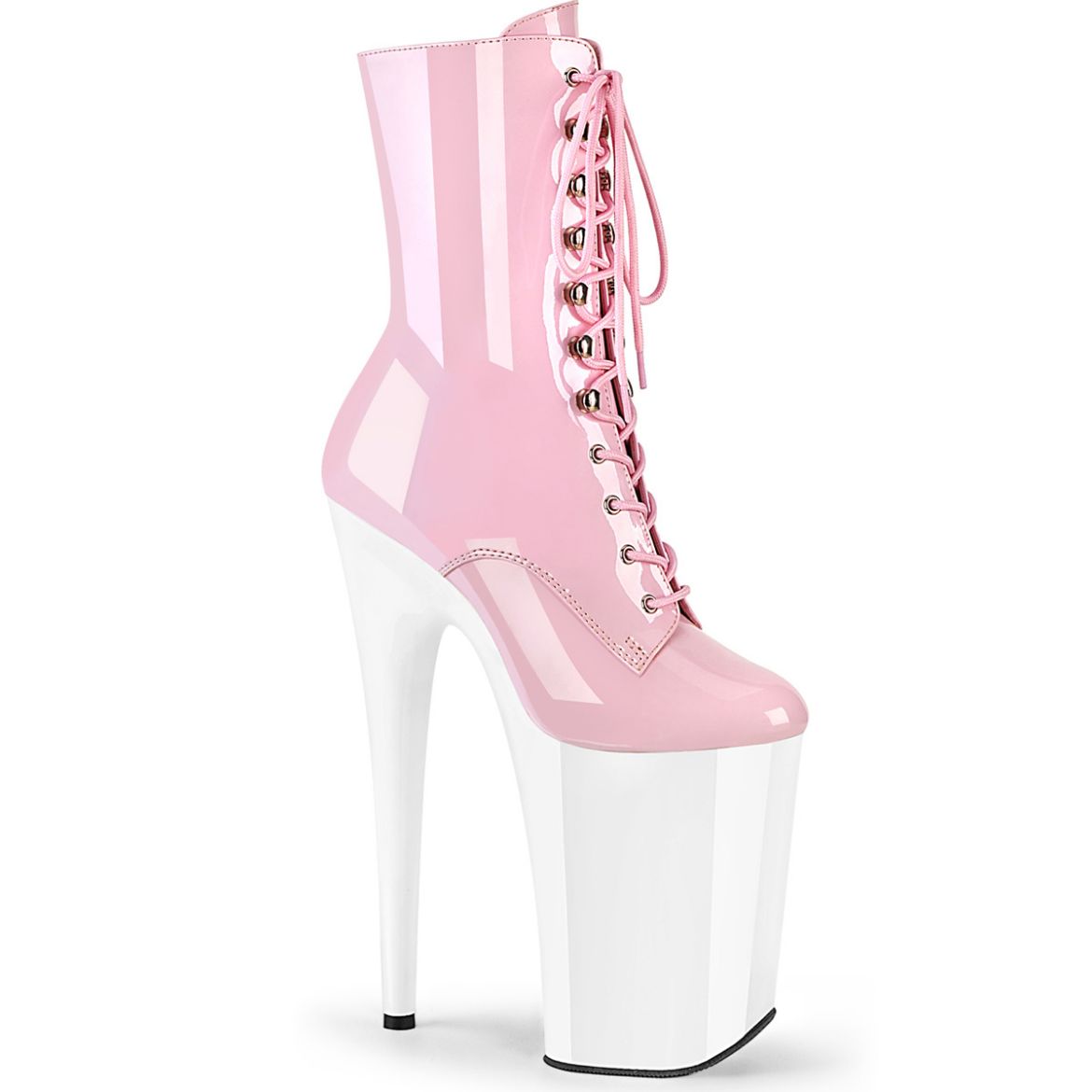 Product image of Pleaser INFINITY-1020 B. Pink Pat/Wht 9 Inch Heel 5 1/4 Inch PF Lace-Up Front Ankle Boot Side Zip