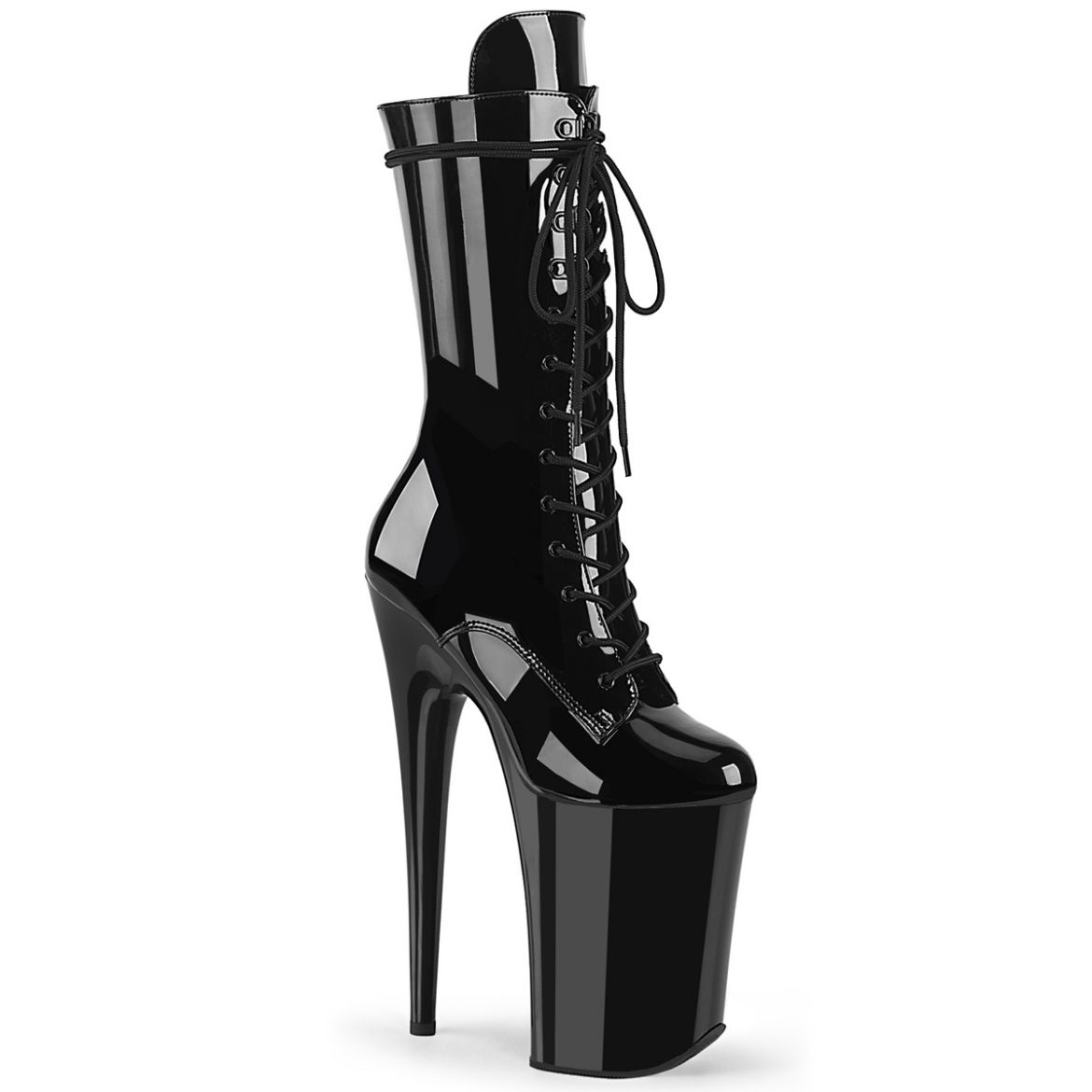 Product image of Pleaser INFINITY-1050 Blk Pat/Blk 9 Inch Heel 5 1/4 Inch PF Lace-Up Front Mid Calf Boot Side Zip