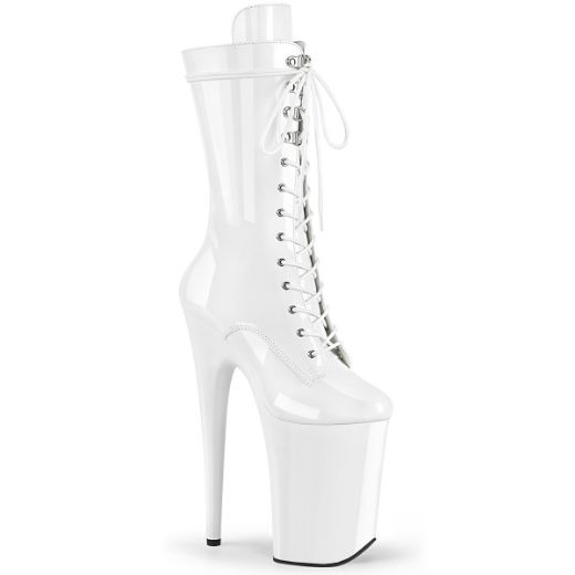 Product image of Pleaser INFINITY-1050 Wht Pat/Wht 9 Inch Heel 5 1/4 Inch PF Lace-Up Front Mid Calf Boot Side Zip