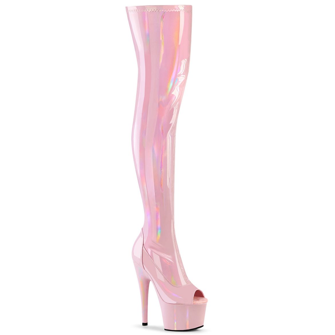 Product image of Pleaser ADORE-3011HWR B. Pink Str. Holo/B. Pink 7 Inch Heel 2 3/4 Inch PF Peep Toe Thigh High Boot Side Zip