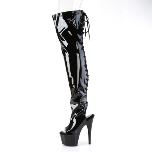 Product image of Pleaser ADORE-3017 Blk Str. Pat/Blk 7 Inch Heel 2 3/4 Inch PF Open Heel/Toe Thigh High Boot Side Zip