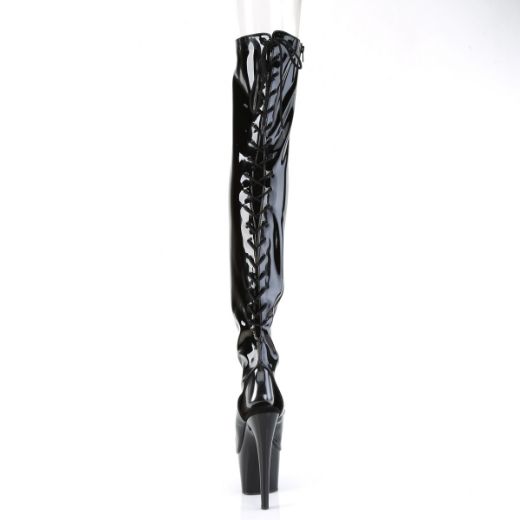 Product image of Pleaser ADORE-3017 Blk Str. Pat/Blk 7 Inch Heel 2 3/4 Inch PF Open Heel/Toe Thigh High Boot Side Zip