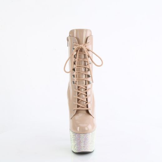 Product image of Pleaser BEJEWELED-1020-7 Nude Holo Pat/Nude AB RS 7 Inch Heel 2 3/4 Inch PF Front Lace-Up Ankle Boot w/RS Side Zip