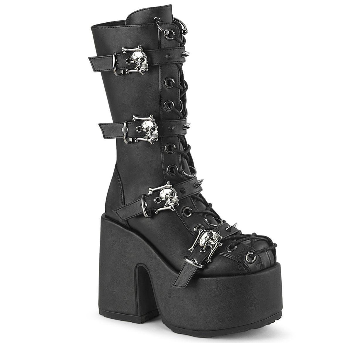 Product image of Demonia CAMEL-115 Blk Vegan Leather 5 Inch Chunky Heel 3 Inch P/F Lace-Up Mid-Calf Boot Back Zip