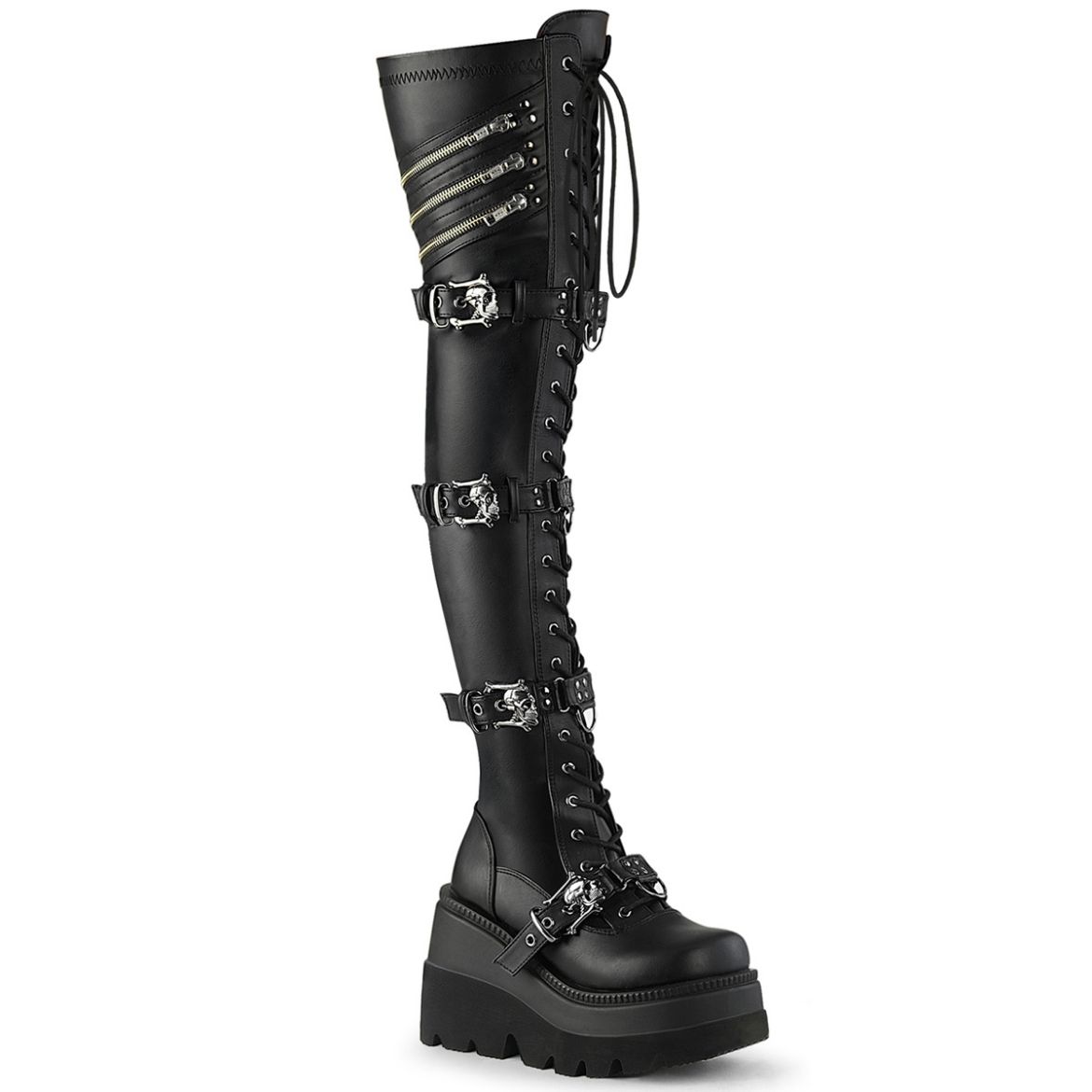 Product image of Demonia SHAKER-420 Blk Stretch Vegan Leather 4 1/2 Inch Wedge PF Lace-Up Stretch Thigh High Boot Side Zip