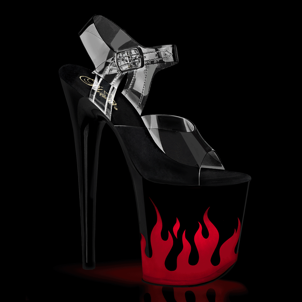 Product image of Pleaser FLAMINGO-808NLFL Clr/Blk-Red 8 Inch Heel 4 Inch PF LED Illuminated Ankle Strap Sandal