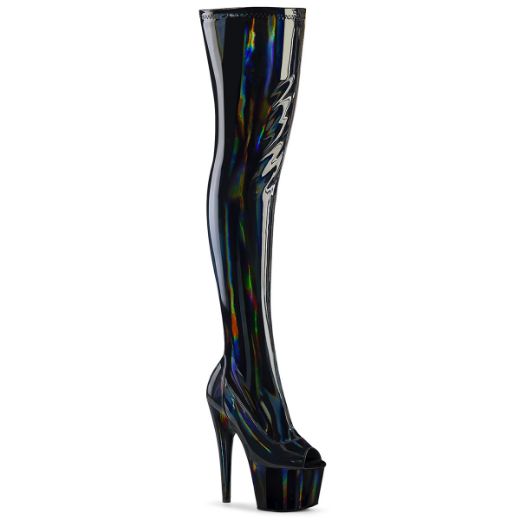 Product image of Pleaser ADORE-3011HWR Blk Str. Holo/Blk Holo 7 Inch Heel 2 3/4 Inch PF Peep Toe Thigh High Boot Side Zip