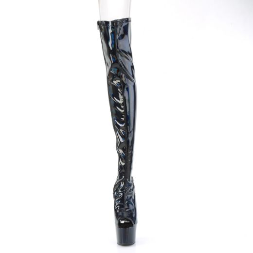 Product image of Pleaser ADORE-3011HWR Blk Str. Holo/Blk Holo 7 Inch Heel 2 3/4 Inch PF Peep Toe Thigh High Boot Side Zip