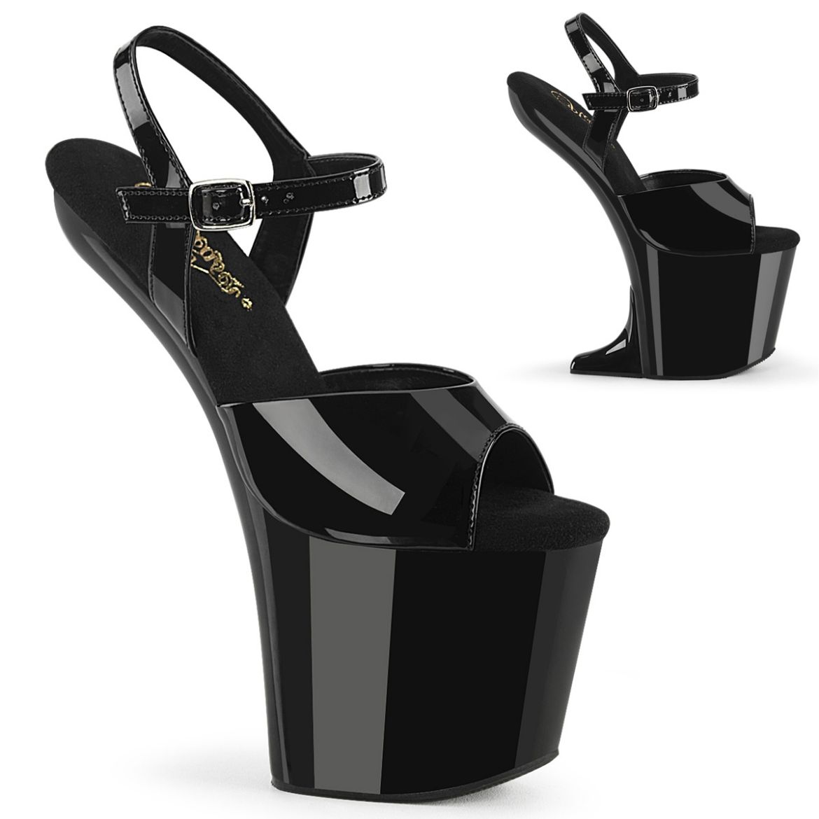 Product image of Pleaser CRAZE-809 Blk Pat/Blk 8 Inch Heelless 3 Inch PF Ankle Strap Sandal