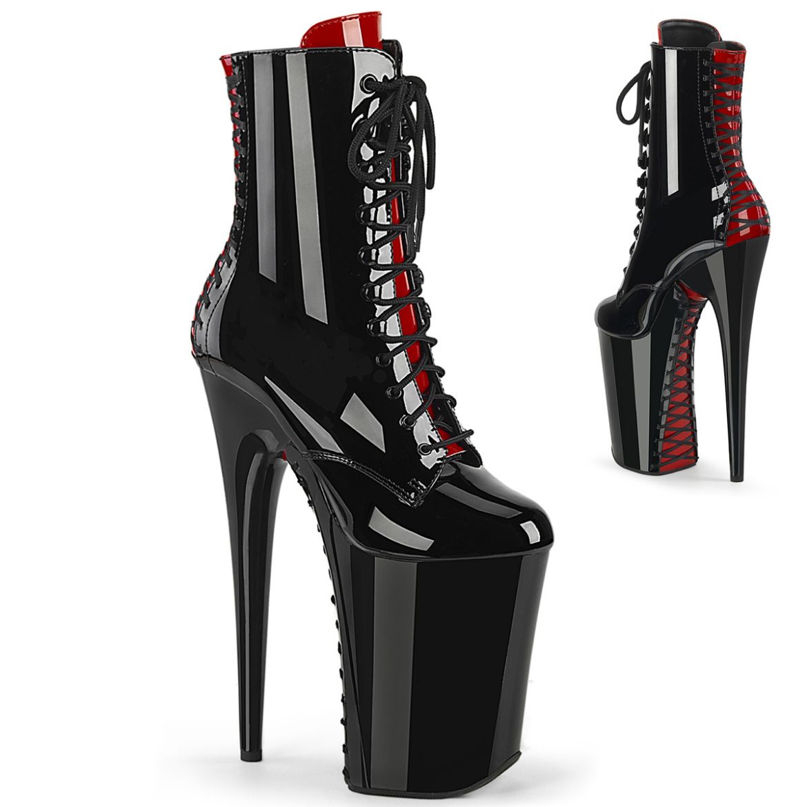 Product image of Pleaser INFINITY-1020FH Blk-Red Pat/Blk-Red 9 Inch Heel 5 1/4 Inch PF Two Tone Lace-Up Ankle Boot Side Zip