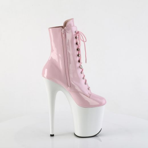 Product image of Pleaser FLAMINGO-1020 B. Pink Pat/Wht 8 Inch Heel 4 Inch PF Lace-Up Front Ankle Boot Side Zip