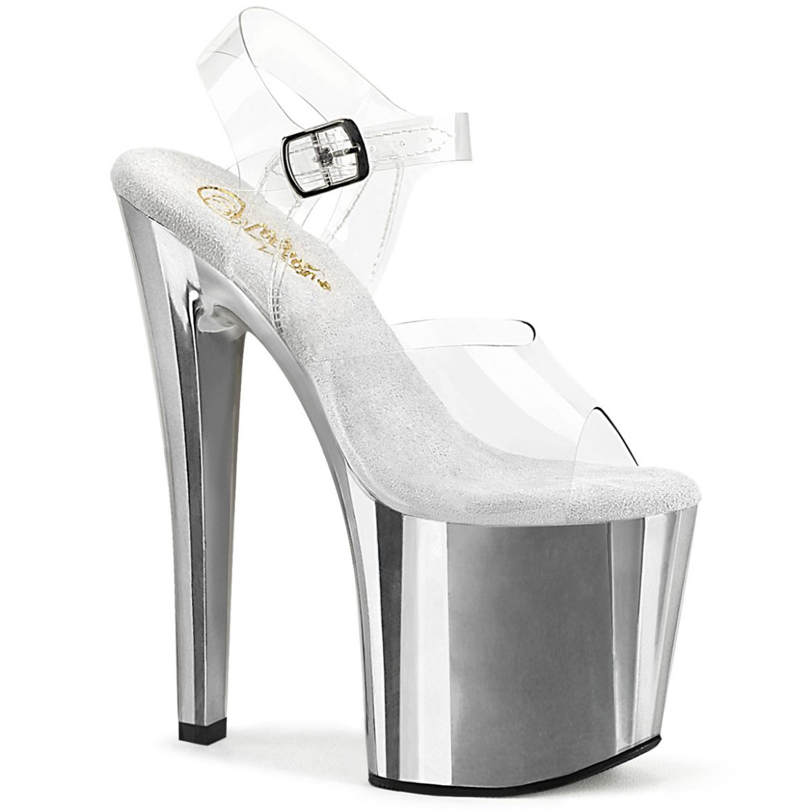 Product image of Pleaser ENCHANT-708 Clr/Slv Chrome 7 1/2 Inch Heel 3 1/2 Inch PF Ankle Strap Sandal