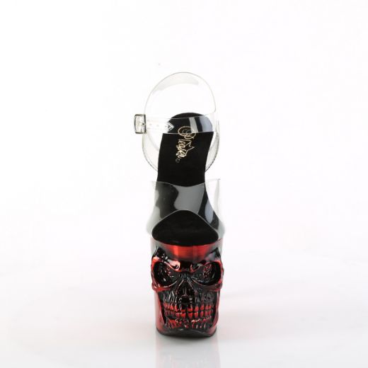 Product image of Pleaser RAPTURE-808-LT Clr/Satin Red Chrome 8 Inch Finger Bone Heel 4 Inch Skull PF LED Ankle Strap Sandal